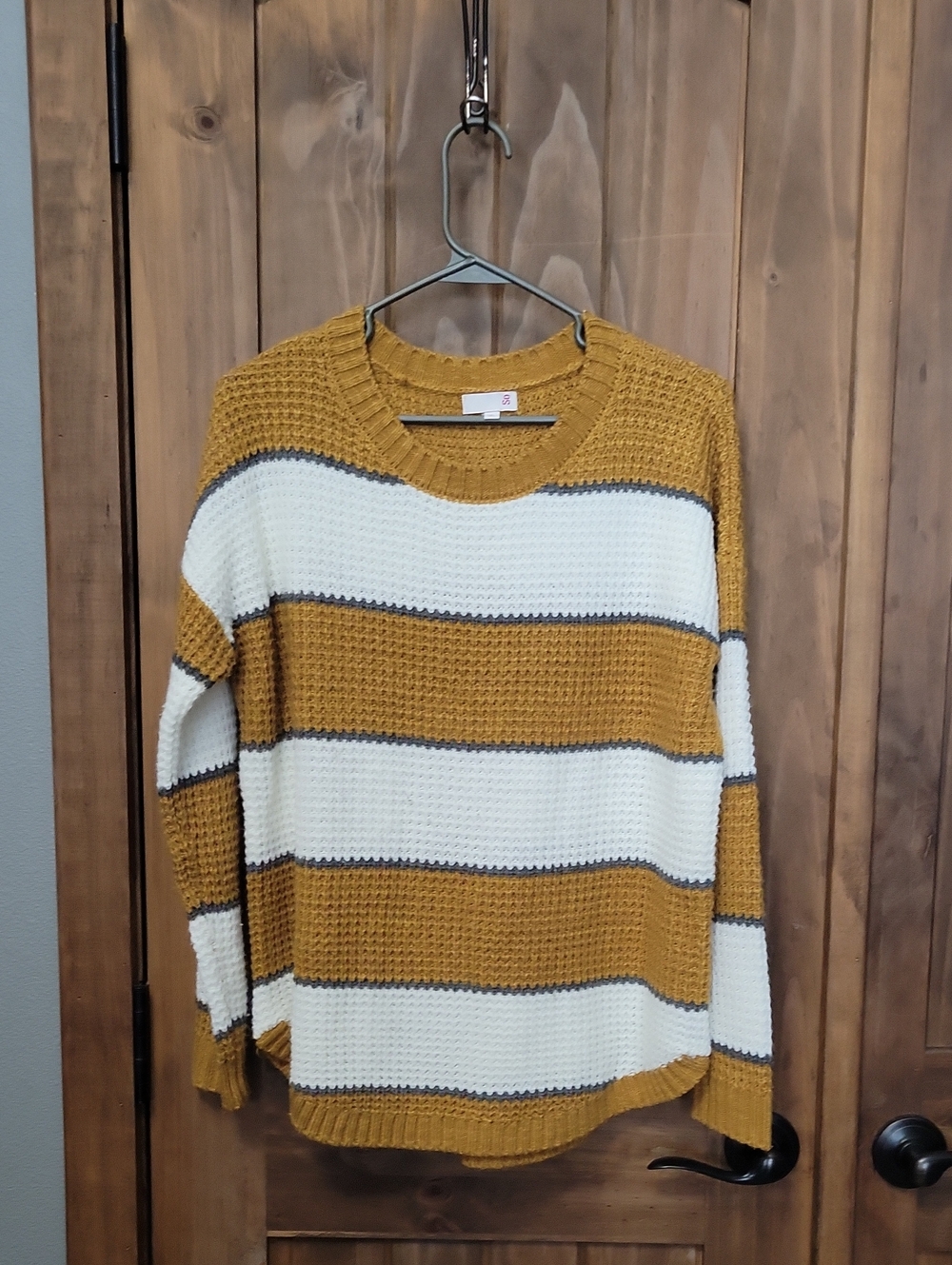 SO Mustard and White Striped Waffle Knit Crew Sweater